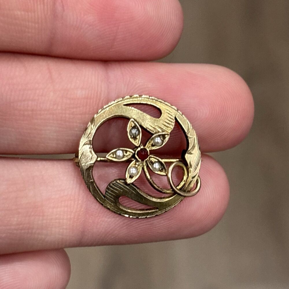 Antique Victorian Gold Filled Brooch Pin Flower Seed Pearl Vintage Signed